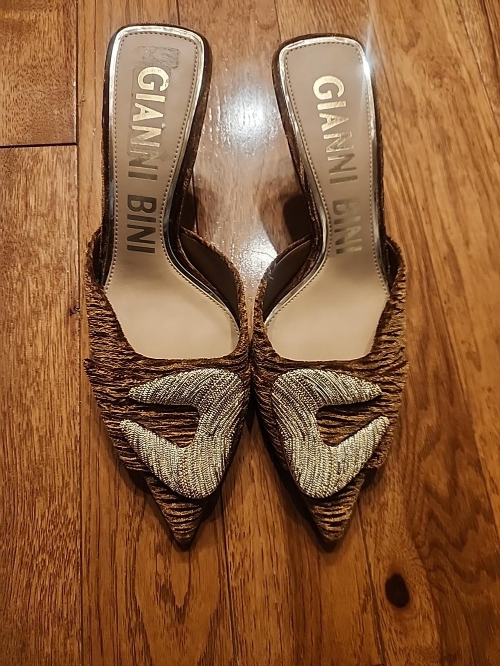 Gianni Bini Brown and Gold Textured Pointed Toe Mules Size 8.5